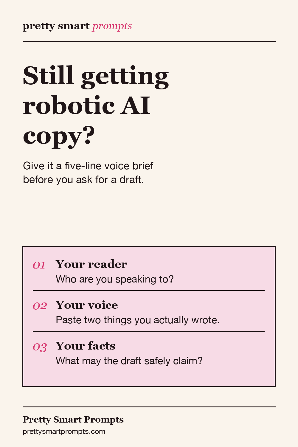 Cream Pin explaining three parts of a voice brief: your reader, your actual writing, and the facts AI may use.