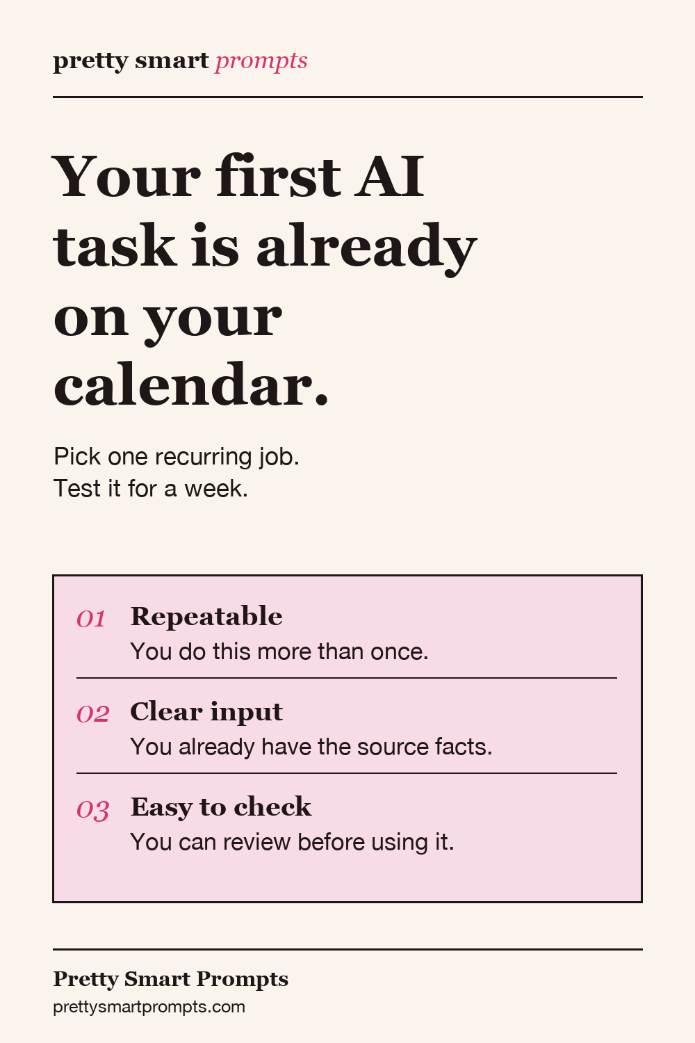 Cream Pin with three criteria for a first AI task: repeatable, clear input, and easy to check.